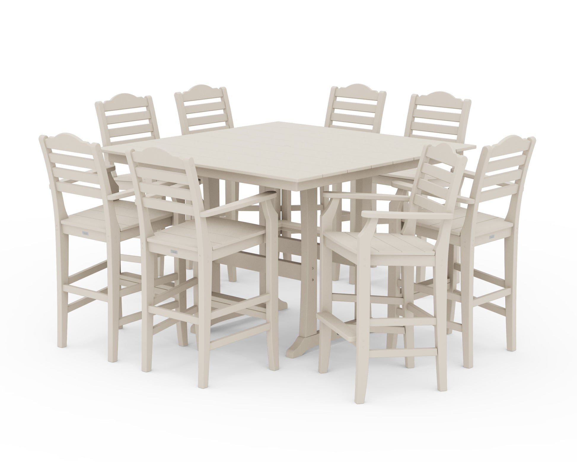 POLYWOOD Savannah 9-Piece Square Farmhouse Bar Set with Trestle Legs — Sand