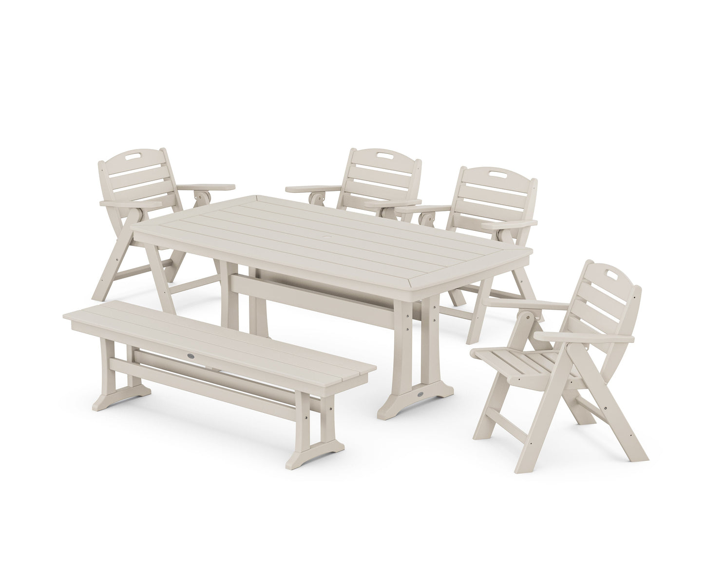 POLYWOOD Nautical Lowback 6-Piece Dining Set with Trestle Legs and Bench — Sand