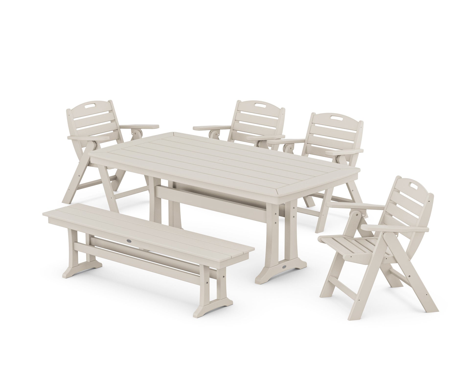 POLYWOOD Nautical Lowback 6-Piece Dining Set with Trestle Legs and Bench — Sand