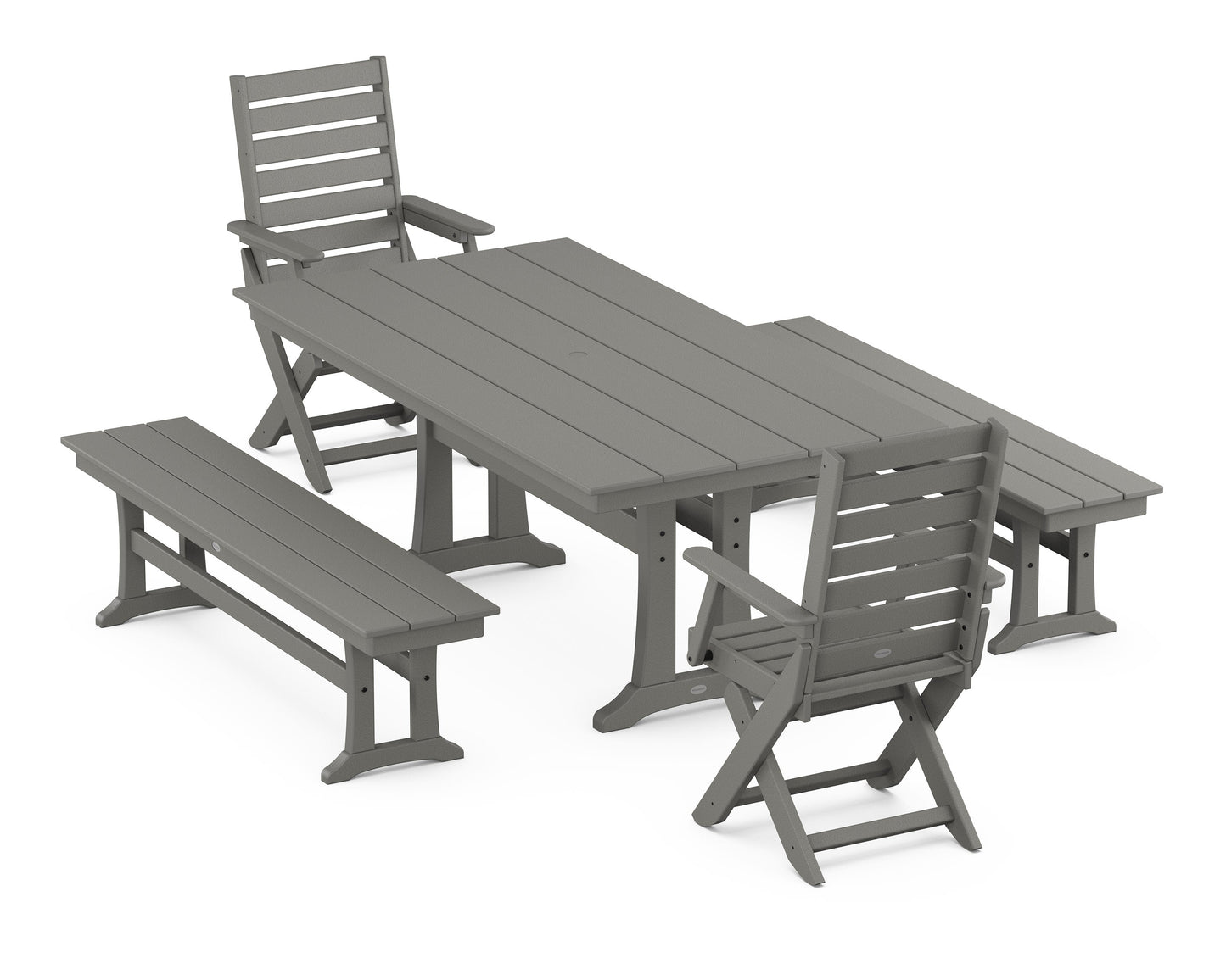 POLYWOOD Captain Folding Chair 5-Piece Farmhouse Dining Set With Trestle Legs — Slate Grey
