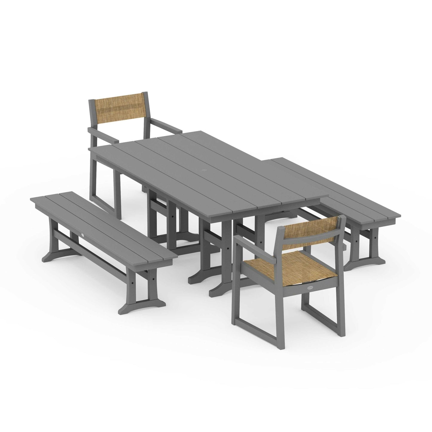 POLYWOOD EDGE Sling Arm Chair 5-Piece Farmhouse Dining Set with Benches — Slate Grey / Burlap Sling