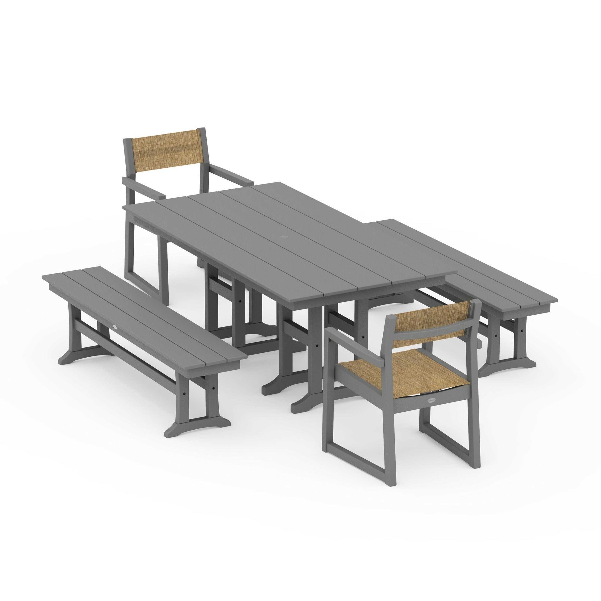 POLYWOOD EDGE Sling Arm Chair 5-Piece Farmhouse Dining Set with Benches — Slate Grey / Burlap Sling
