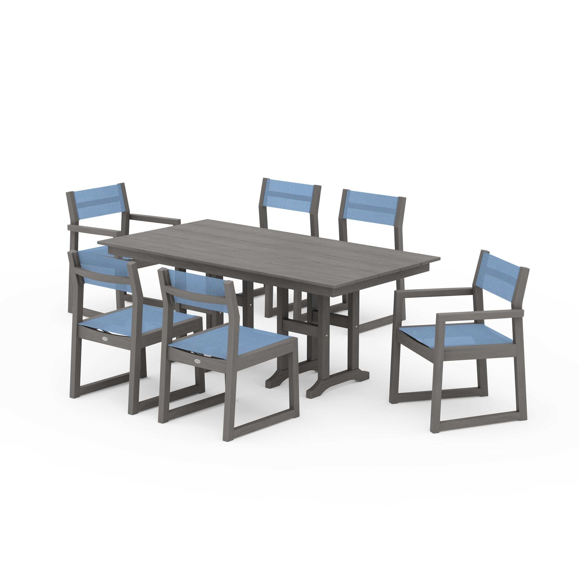 POLYWOOD EDGE Sling 7-Piece Farmhouse Dining Set — Driftwood / Poolside Sling