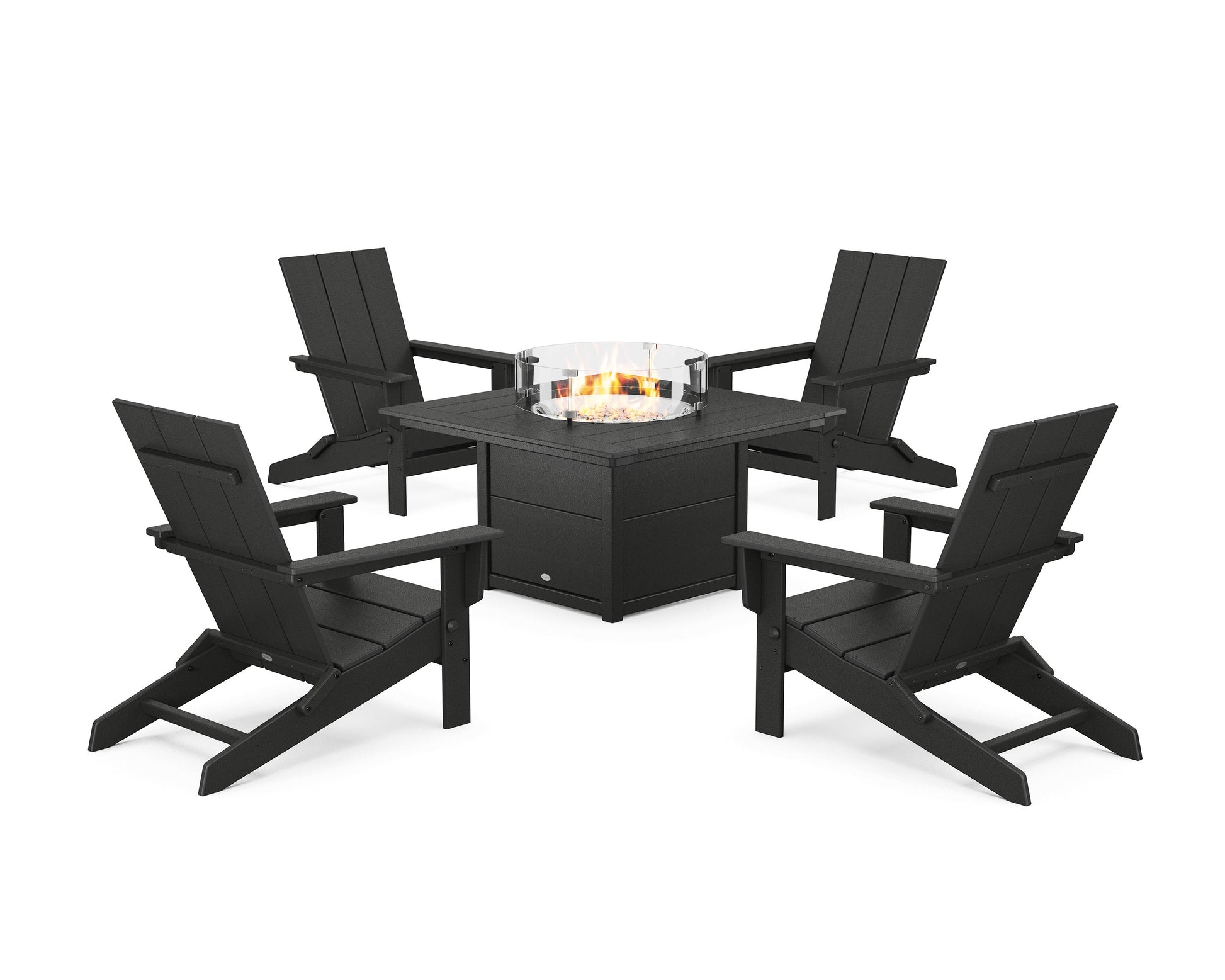 POLYWOOD 5-Piece Modern Studio Folding Adirondack Conversation Set with Fire Pit Table — Black