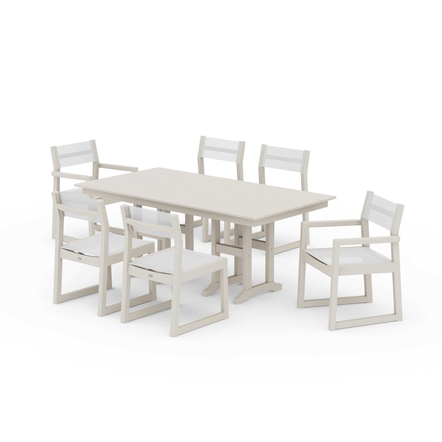 POLYWOOD EDGE Sling 7-Piece Farmhouse Dining Set — Sand / White Sling