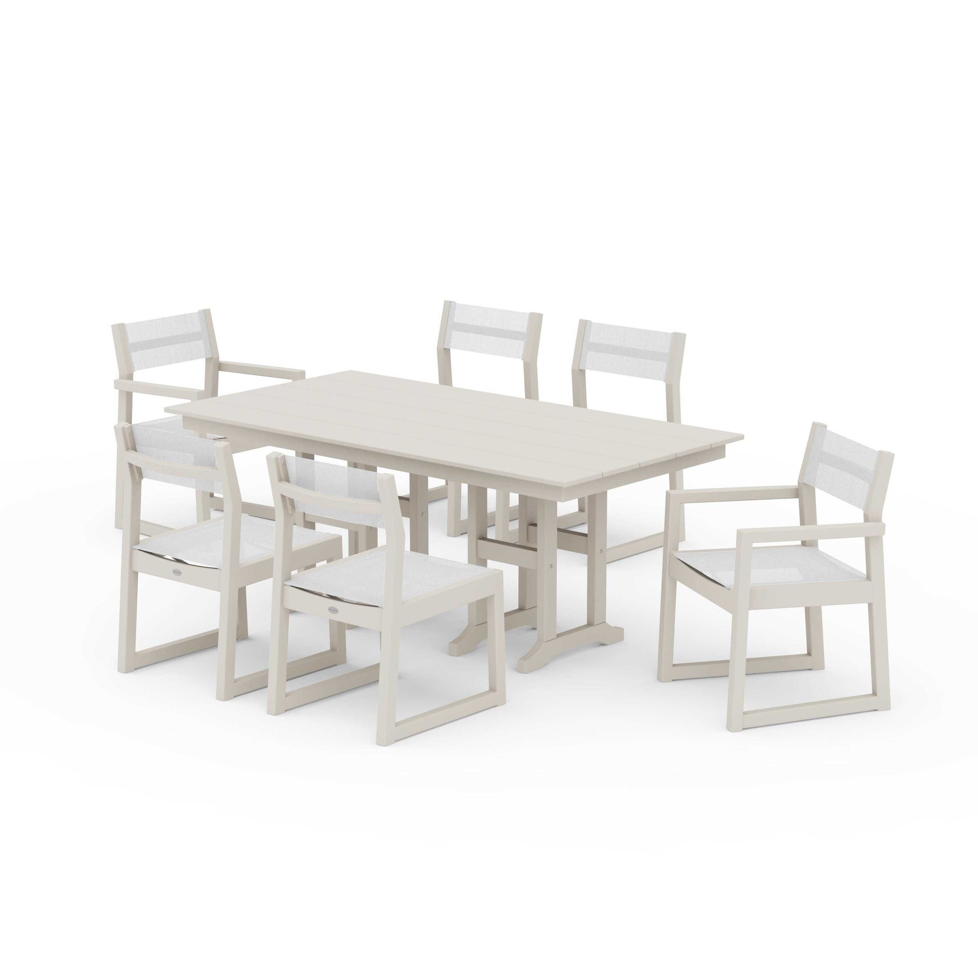 POLYWOOD EDGE Sling 7-Piece Farmhouse Dining Set — Sand / White Sling