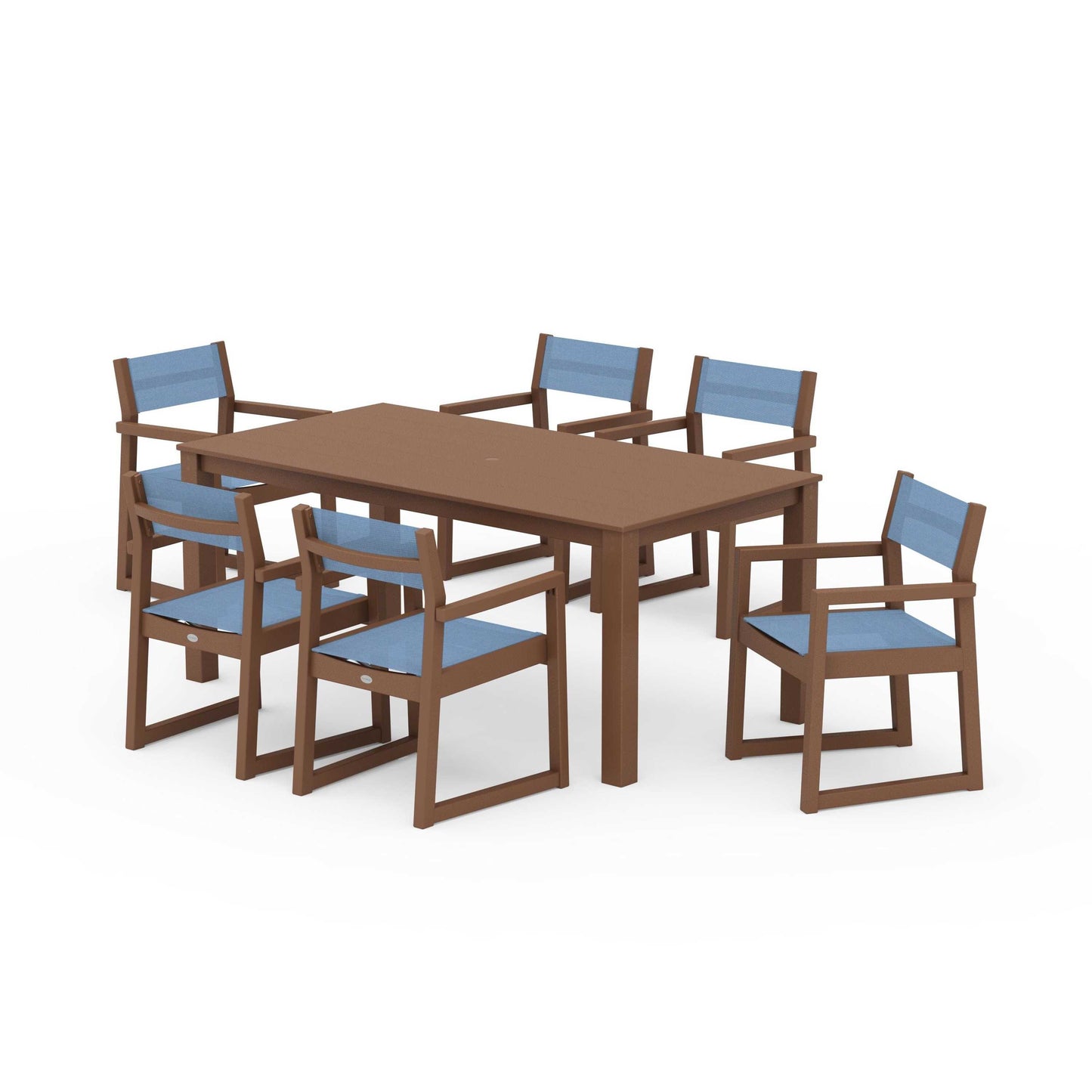 POLYWOOD EDGE Sling Arm Chair 7-Piece Parsons Dining Set — Teak / Poolside Sling