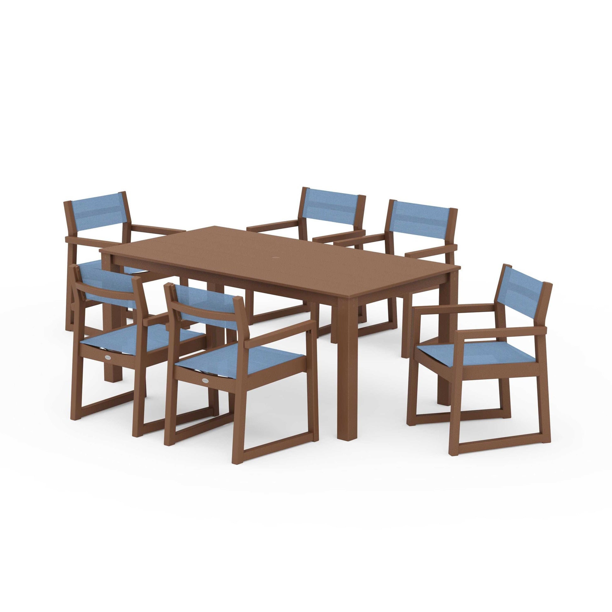 POLYWOOD EDGE Sling Arm Chair 7-Piece Parsons Dining Set — Teak / Poolside Sling