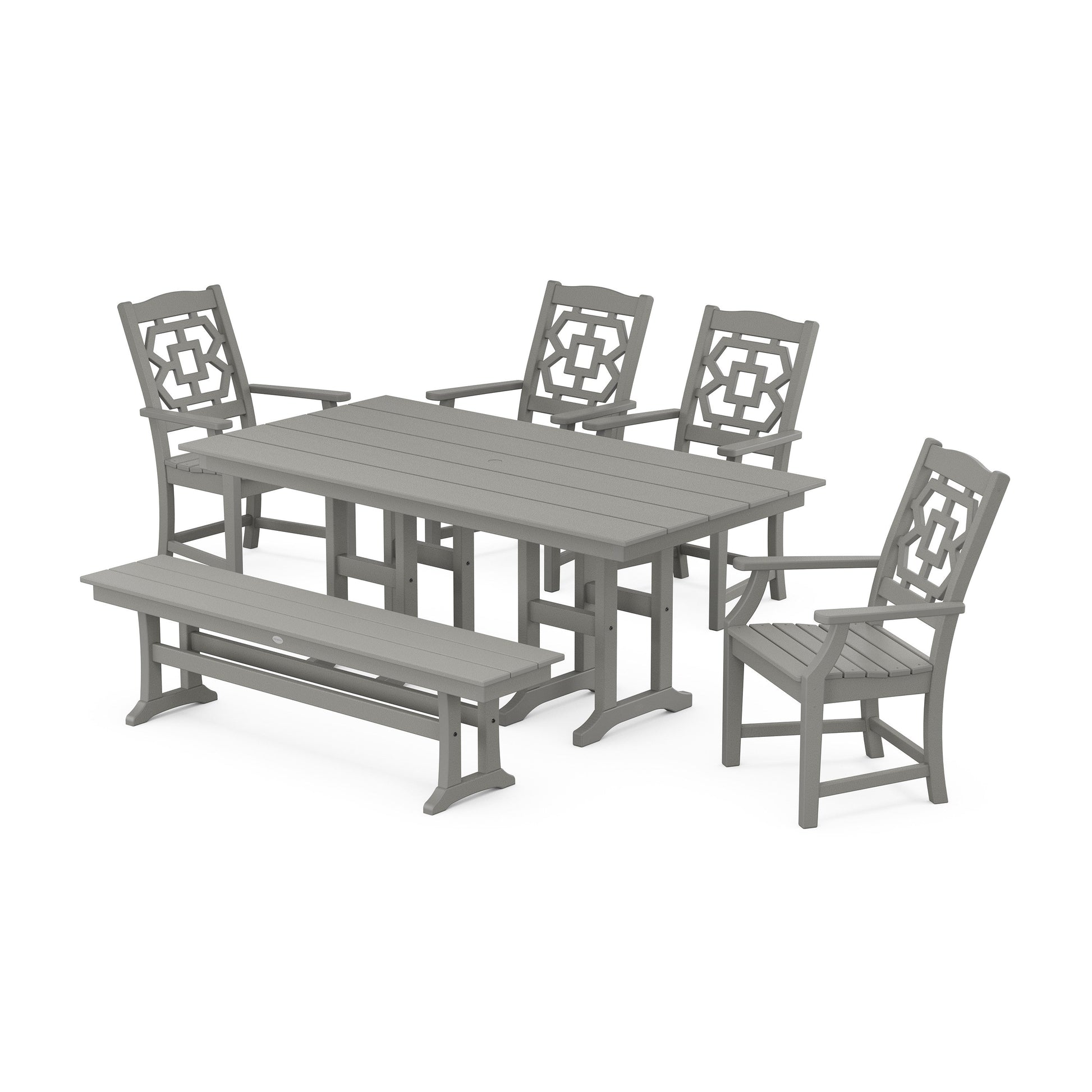 POLYWOOD Chinoiserie 6-Piece Farmhouse Dining Set with Bench — Slate Grey