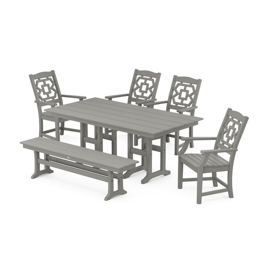 POLYWOOD Chinoiserie 6-Piece Farmhouse Dining Set with Bench — Slate Grey