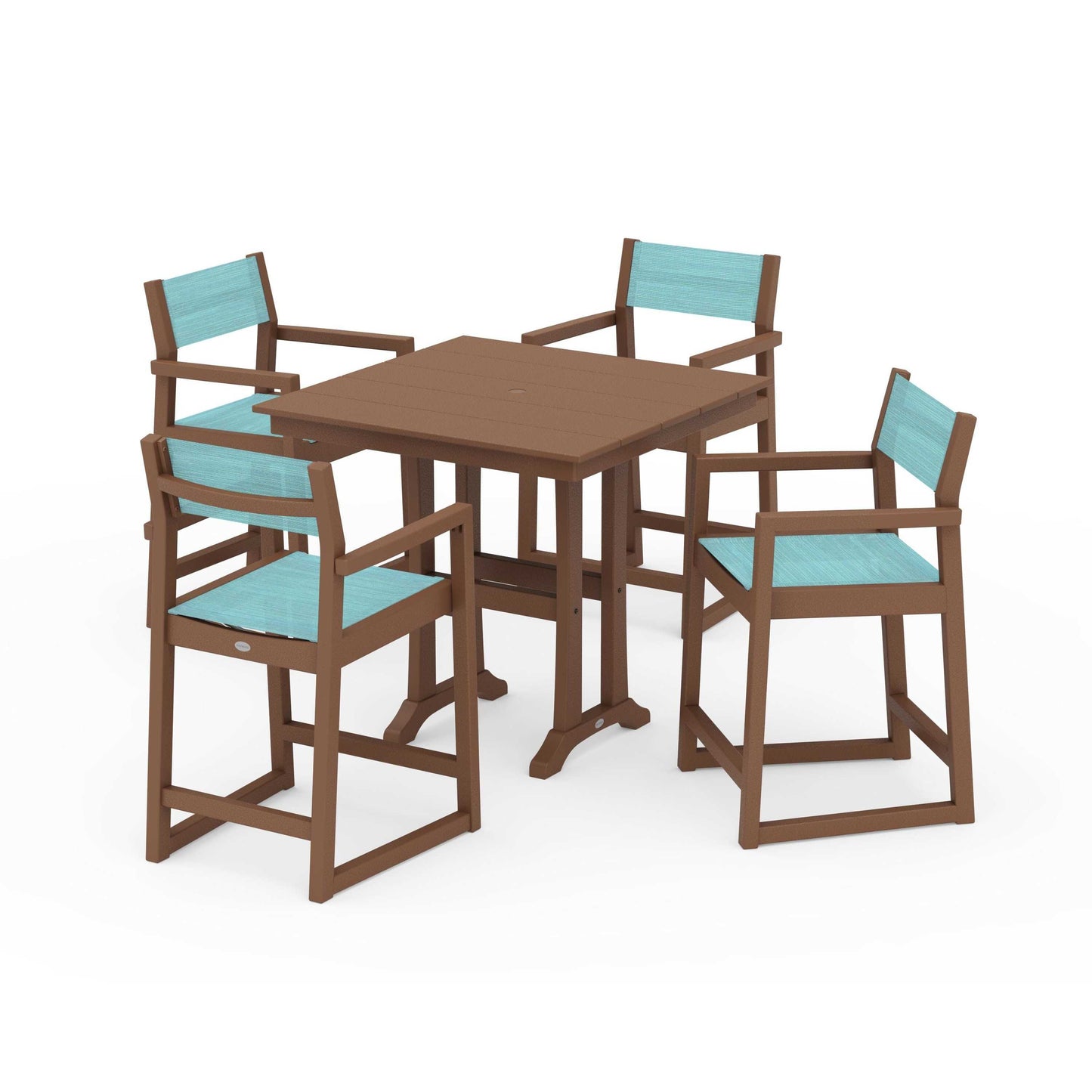 POLYWOOD EDGE Sling Arm Chair 5-Piece Farmhouse Counter Set with Trestle Legs — Teak / Dupioni Aquamarine Sling