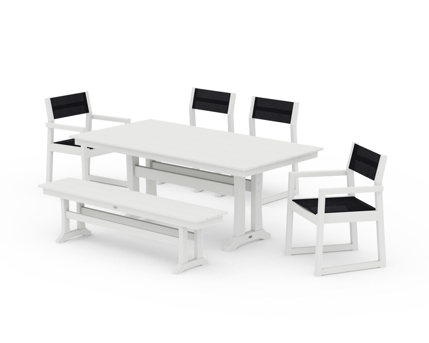 POLYWOOD EDGE Sling 6-Piece Farmhouse Dining Set With Trestle Legs — Vintage White / Black Sling