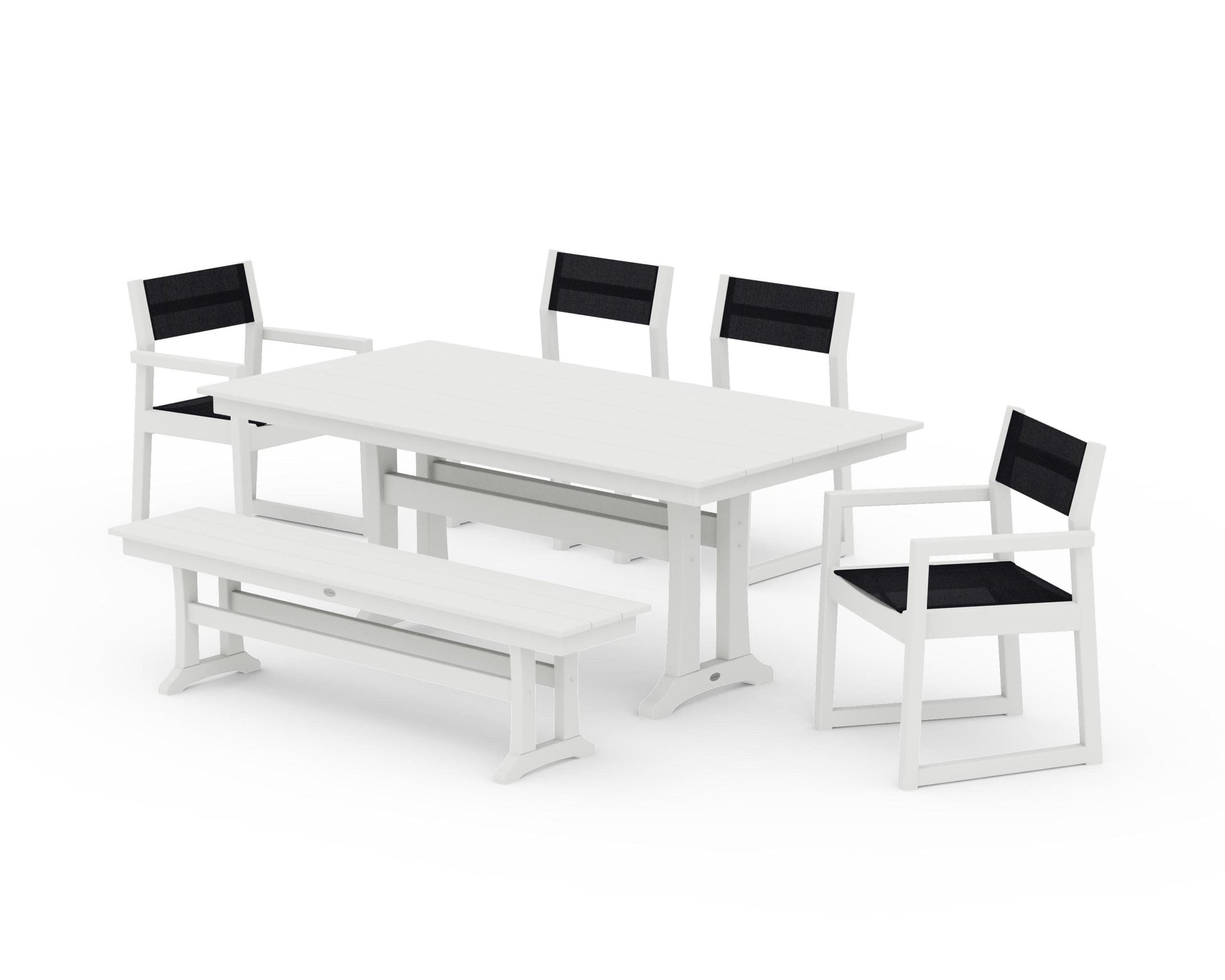 POLYWOOD EDGE Sling 6-Piece Farmhouse Dining Set With Trestle Legs — Vintage White / Black Sling