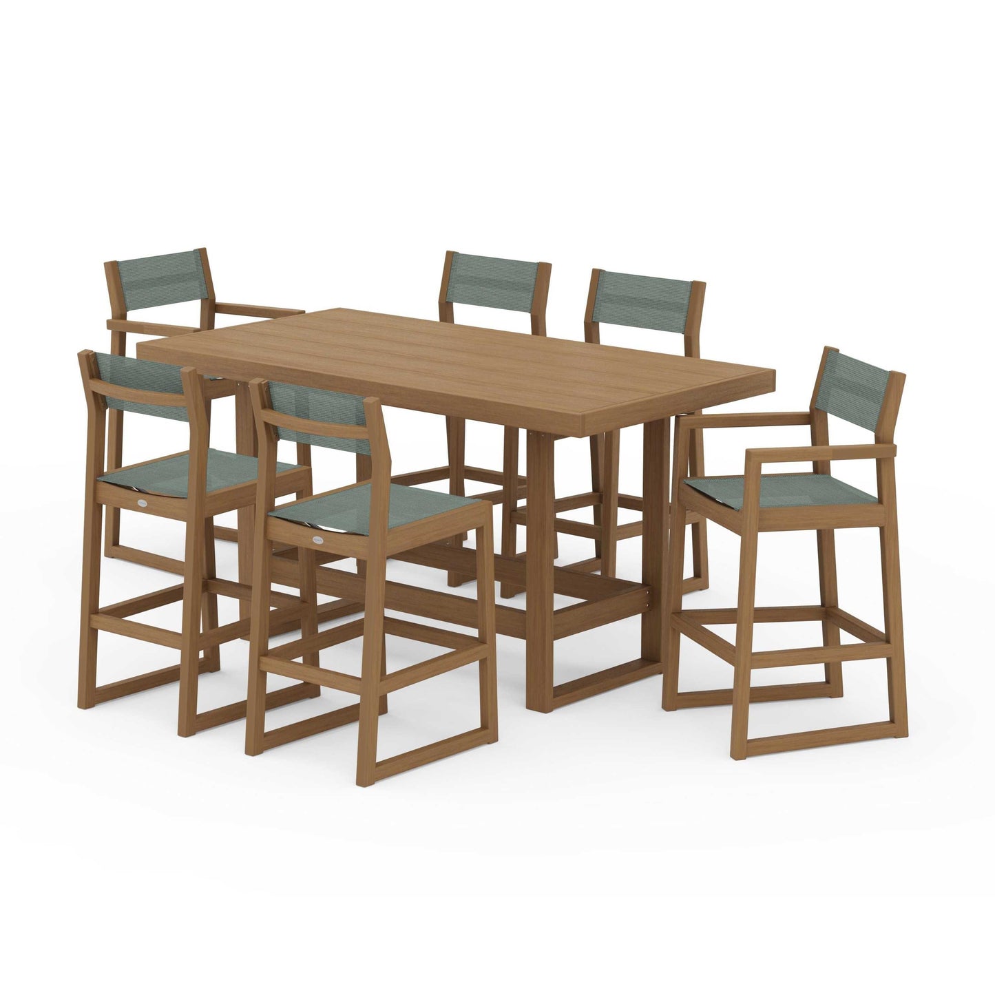 POLYWOOD EDGE Sling 7-Piece Bar Table Set — Natural / Dupioni Sea Mist Sling