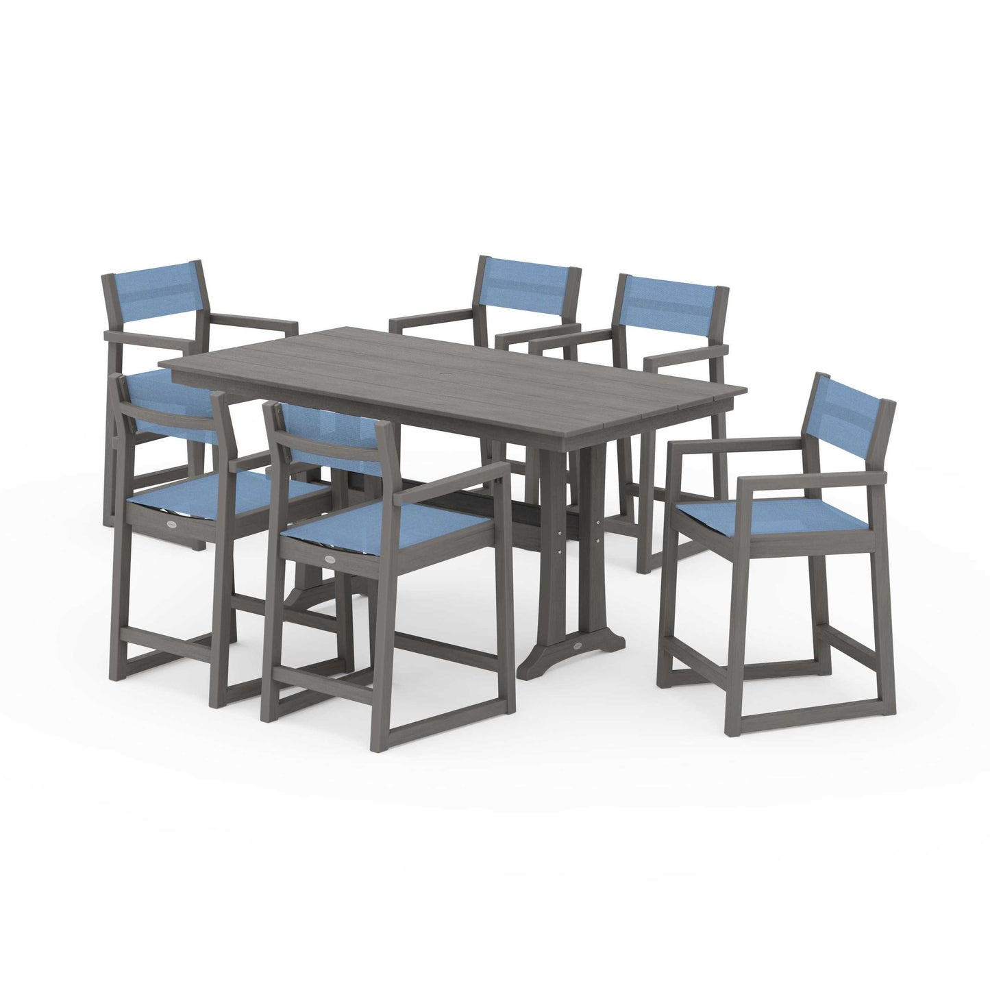 POLYWOOD EDGE Sling Arm Chair 7-Piece Farmhouse Counter Set with Trestle Legs — Driftwood / Poolside Sling