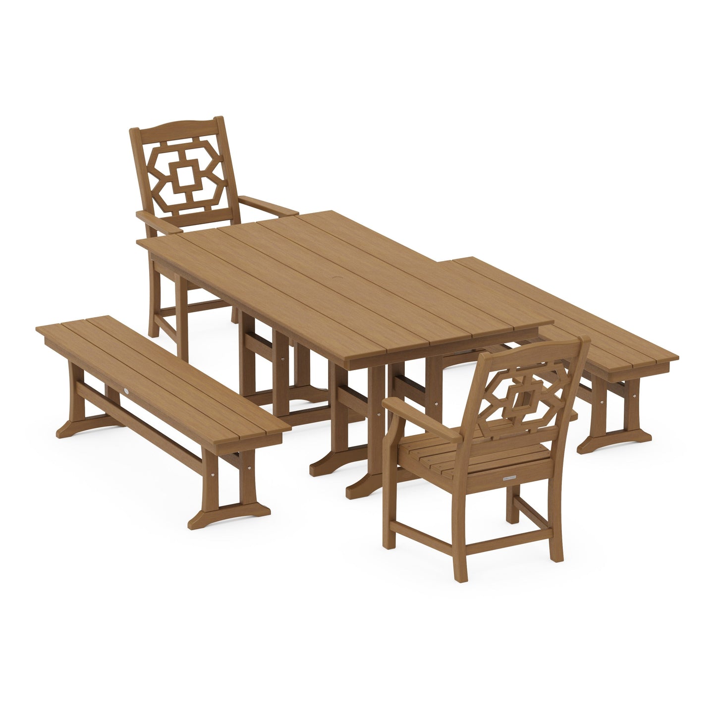 POLYWOOD Chinoiserie 5-Piece Farmhouse Dining Set with Benches — Natural