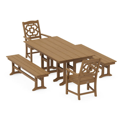 POLYWOOD Chinoiserie 5-Piece Farmhouse Dining Set with Benches — Natural