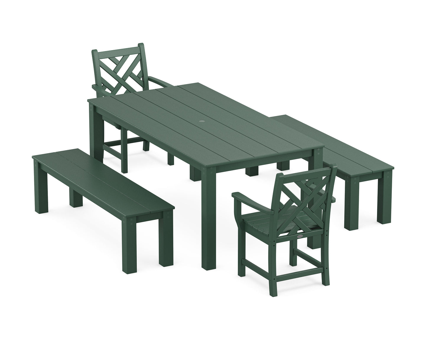POLYWOOD Chippendale 5-Piece Parsons Dining Set with Benches — Green