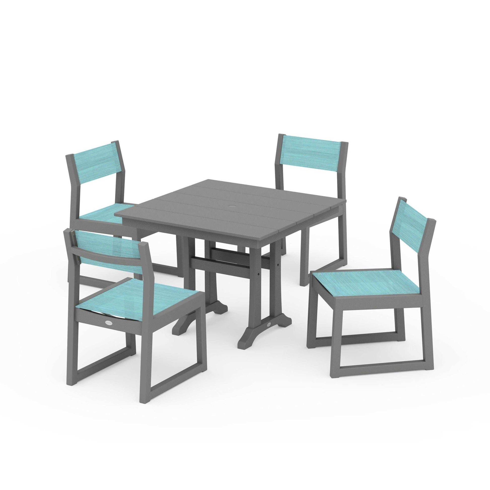 POLYWOOD EDGE Sling 5-Piece Farmhouse Trestle Side Chair Dining Set — Slate Grey / Dupioni Aquamarine Sling