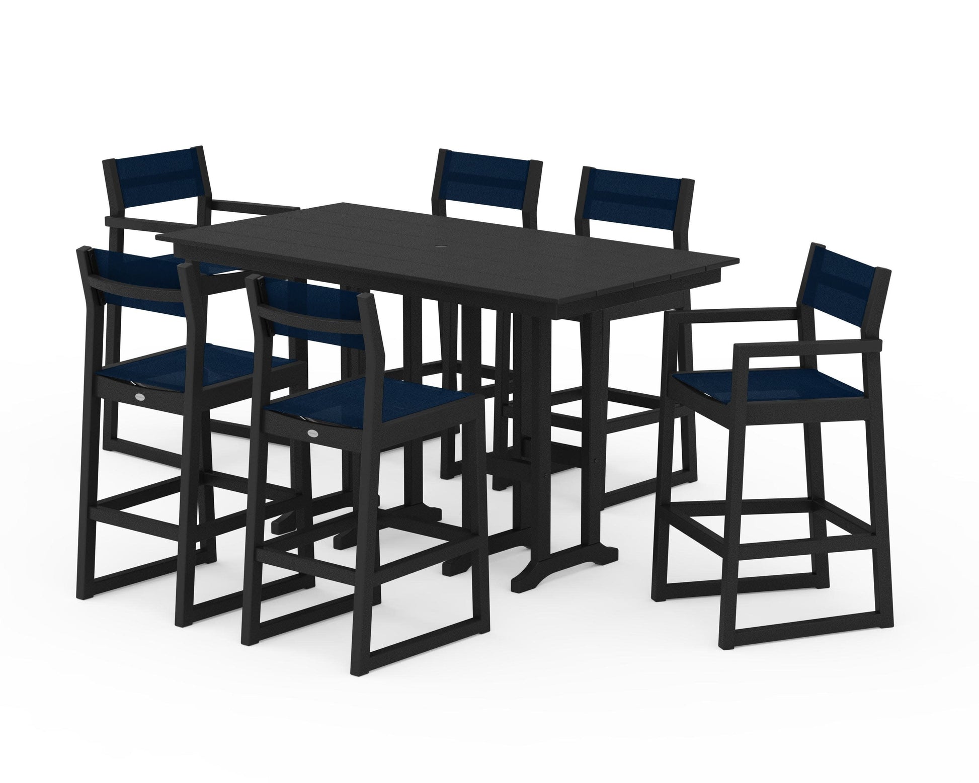 POLYWOOD EDGE Sling 7-Piece Farmhouse Bar Set — Black / Navy Blue Sling