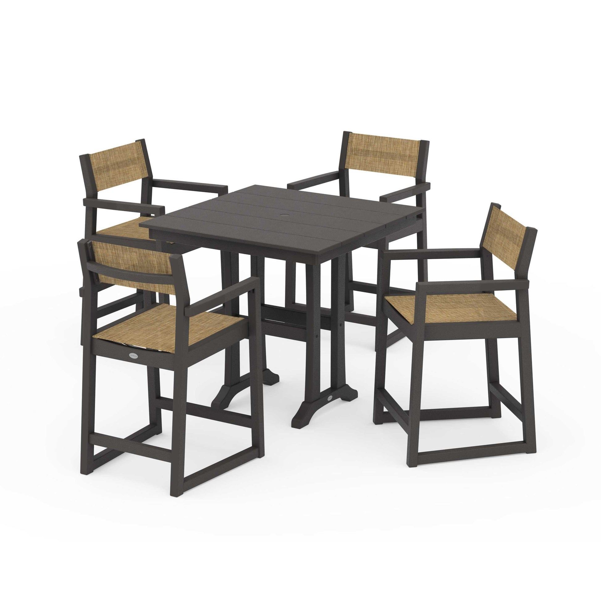 POLYWOOD EDGE Sling Arm Chair 5-Piece Farmhouse Counter Set with Trestle Legs — Vintage Coffee / Burlap Sling