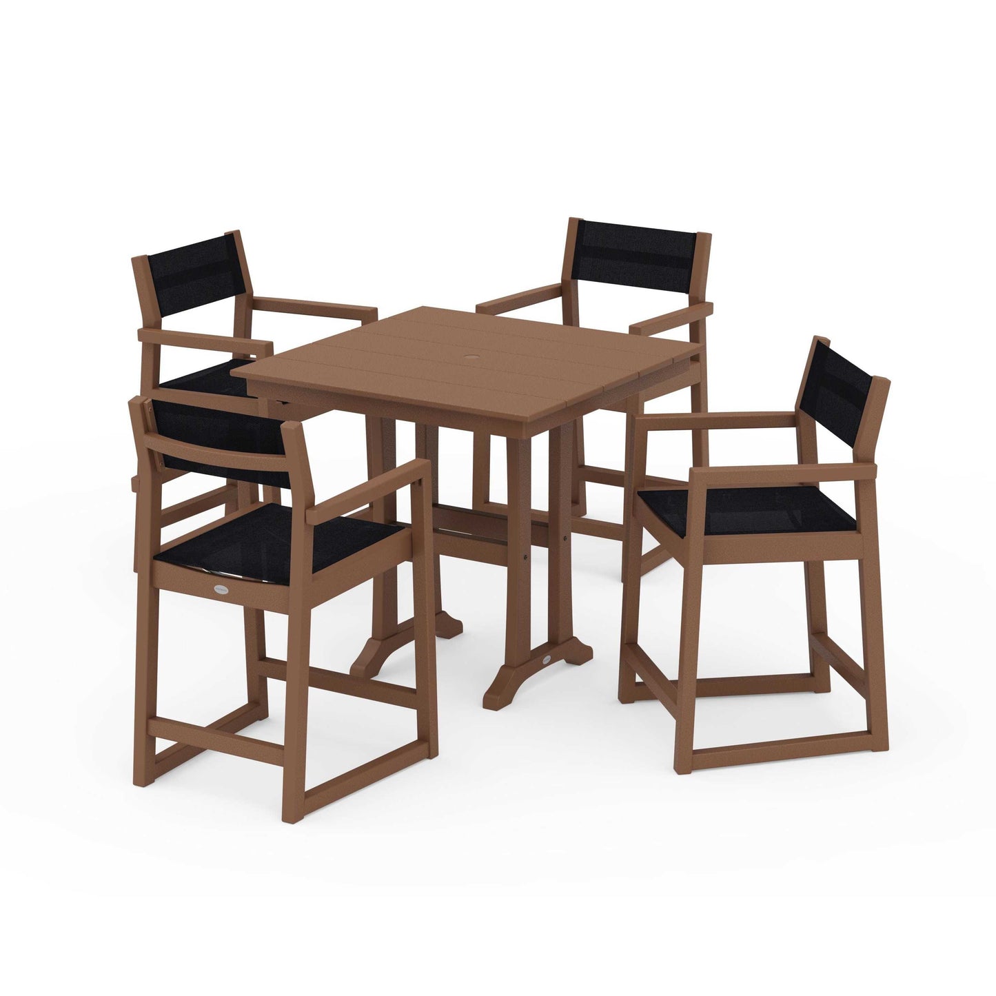 POLYWOOD EDGE Sling Arm Chair 5-Piece Farmhouse Counter Set with Trestle Legs — Teak / Black Sling