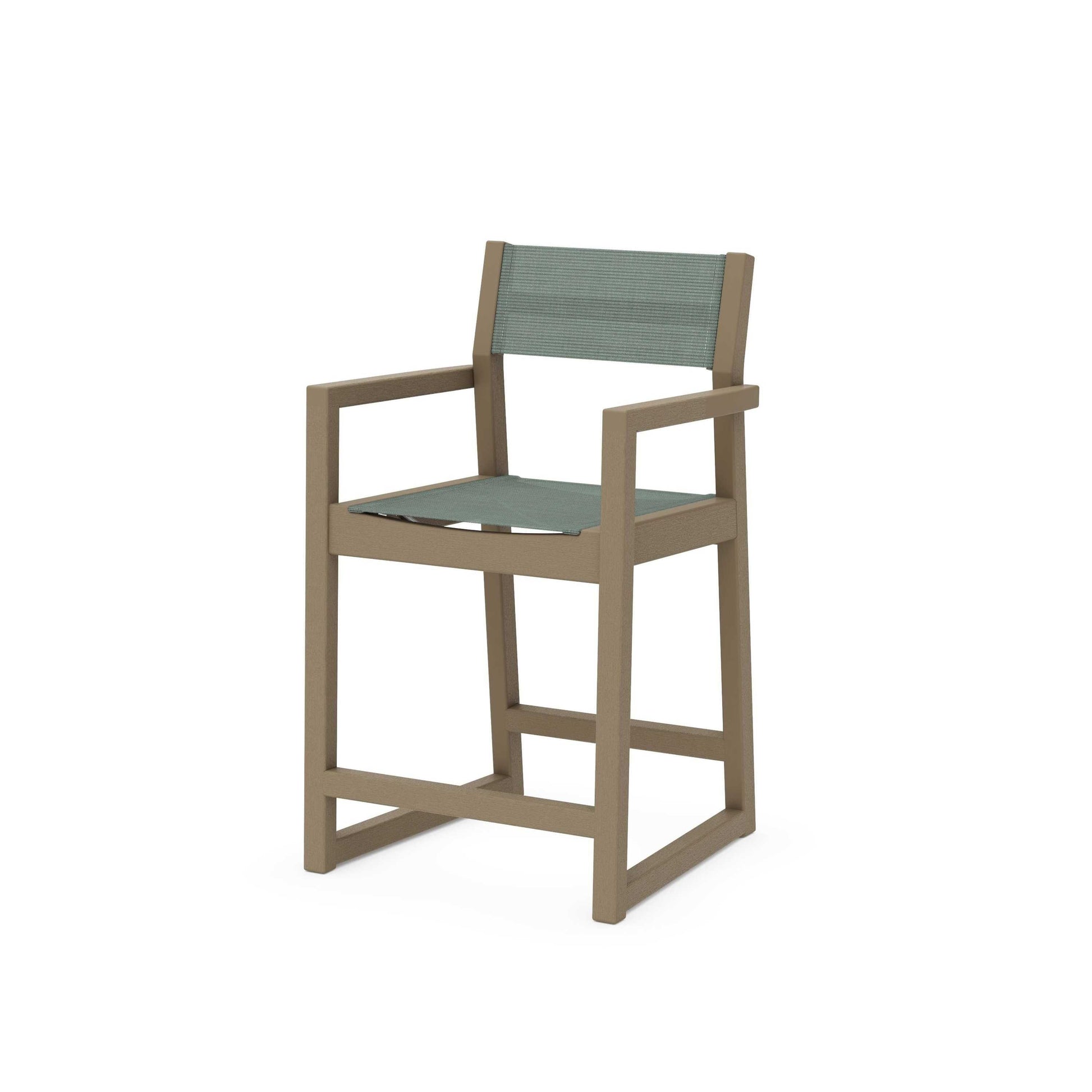 POLYWOOD EDGE Sling Counter Arm Chair — Vintage Sahara / Dupioni Sea Mist Sling
