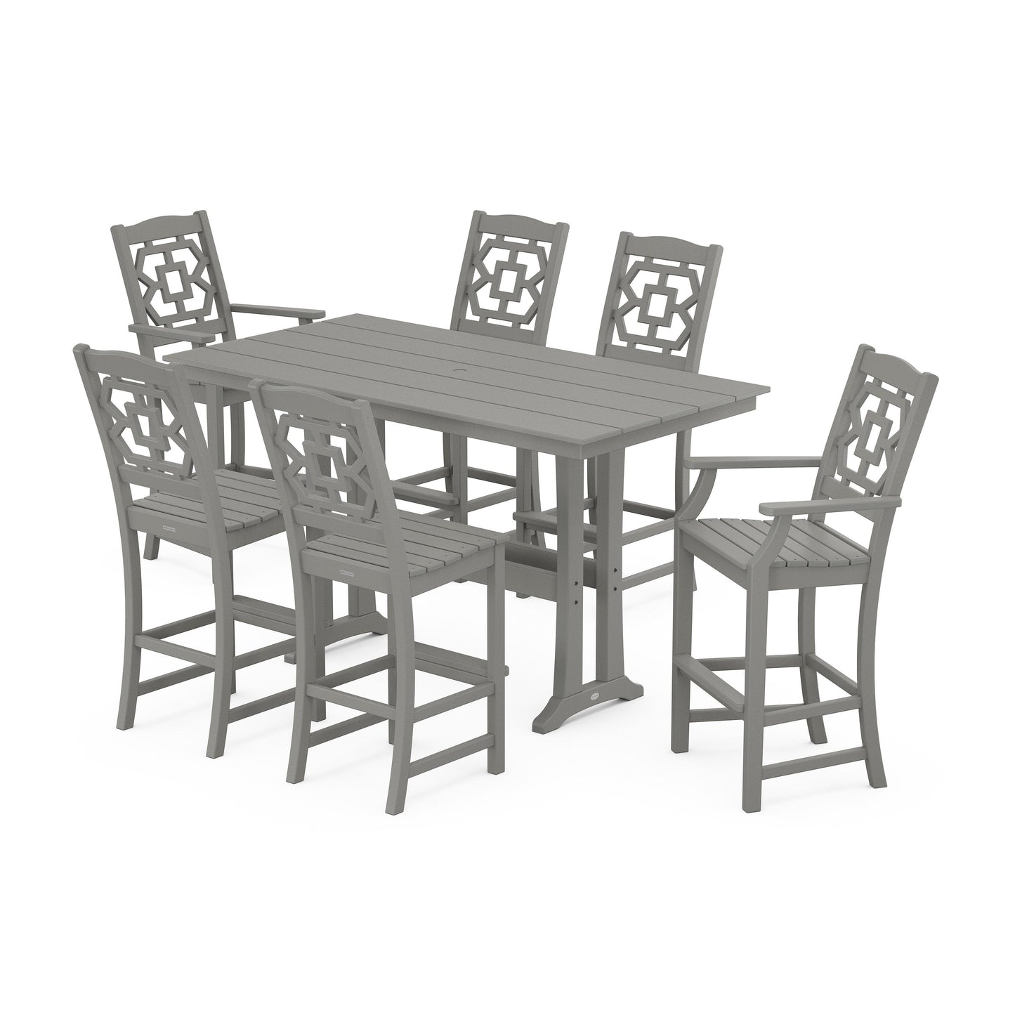 POLYWOOD Chinoiserie 7-Piece Farmhouse Bar Set with Trestle Legs — Slate Grey
