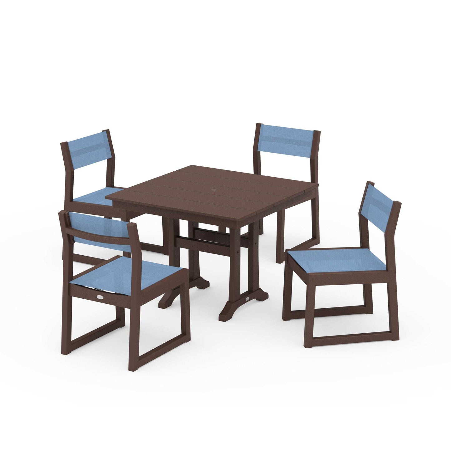 POLYWOOD EDGE Sling 5-Piece Farmhouse Trestle Side Chair Dining Set — Mahogany / Poolside Sling