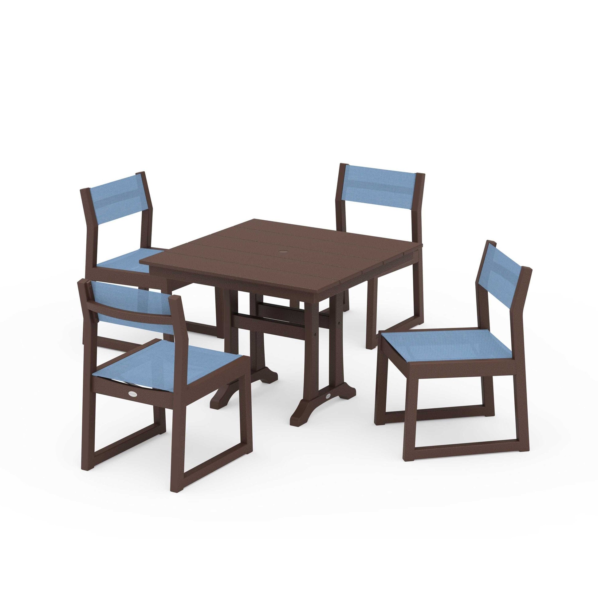 POLYWOOD EDGE Sling 5-Piece Farmhouse Trestle Side Chair Dining Set — Mahogany / Poolside Sling