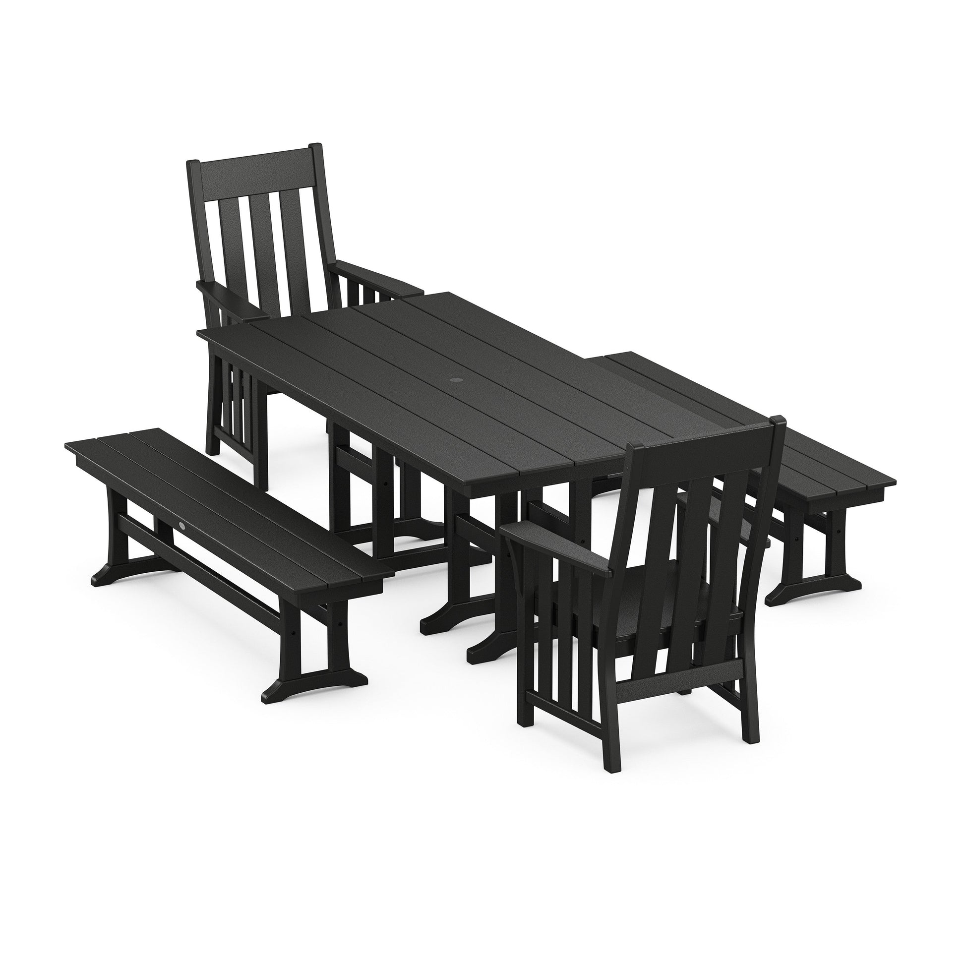 POLYWOOD Acadia 5-Piece Farmhouse Dining Set with Benches — Black