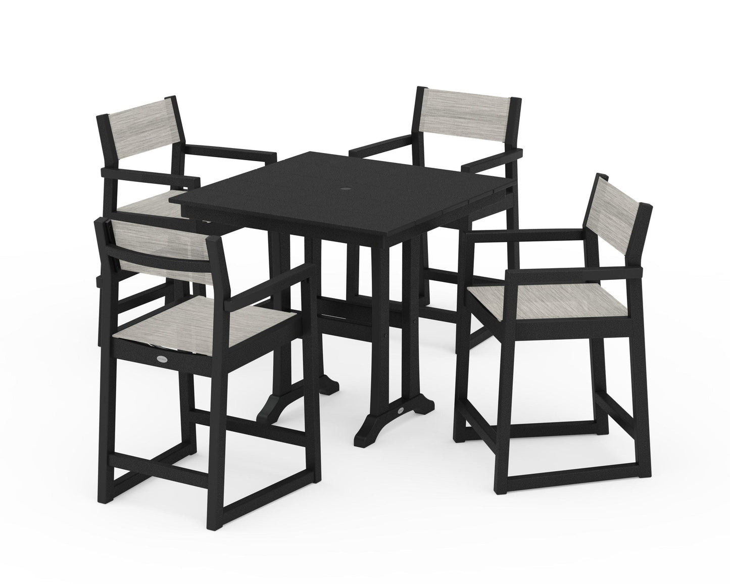POLYWOOD EDGE Sling Arm Chair 5-Piece Farmhouse Counter Set with Trestle Legs — Black / Birch Sling