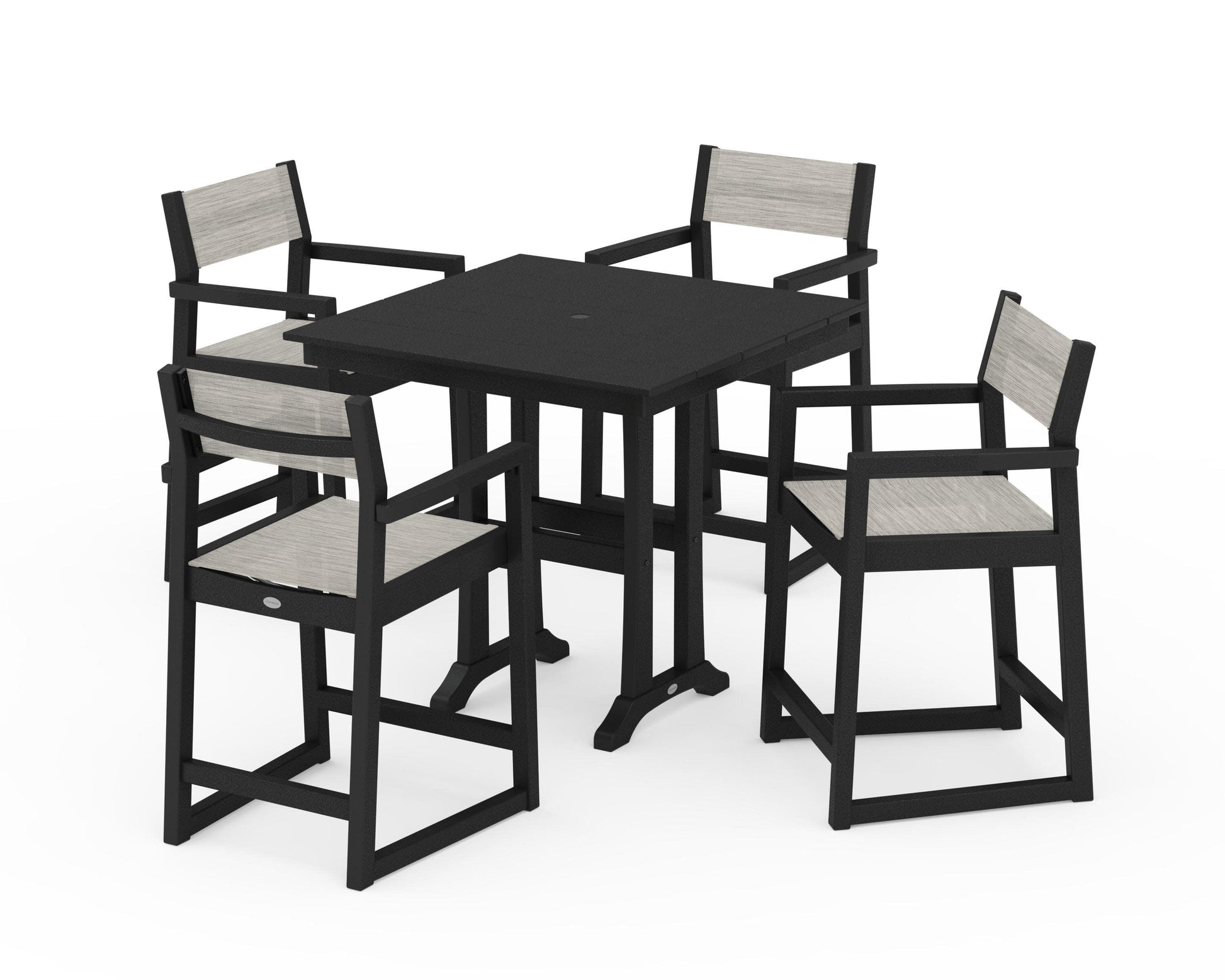 POLYWOOD EDGE Sling Arm Chair 5-Piece Farmhouse Counter Set with Trestle Legs — Black / Birch Sling