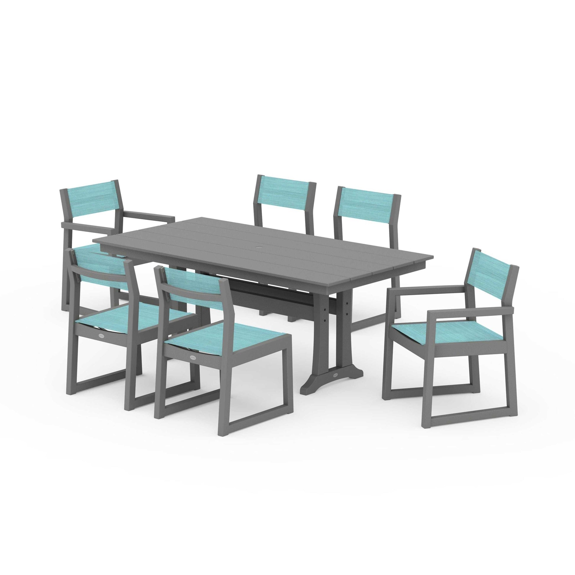 POLYWOOD EDGE Sling 7-Piece Farmhouse Trestle Dining Set — Slate Grey / Dupioni Aquamarine Sling