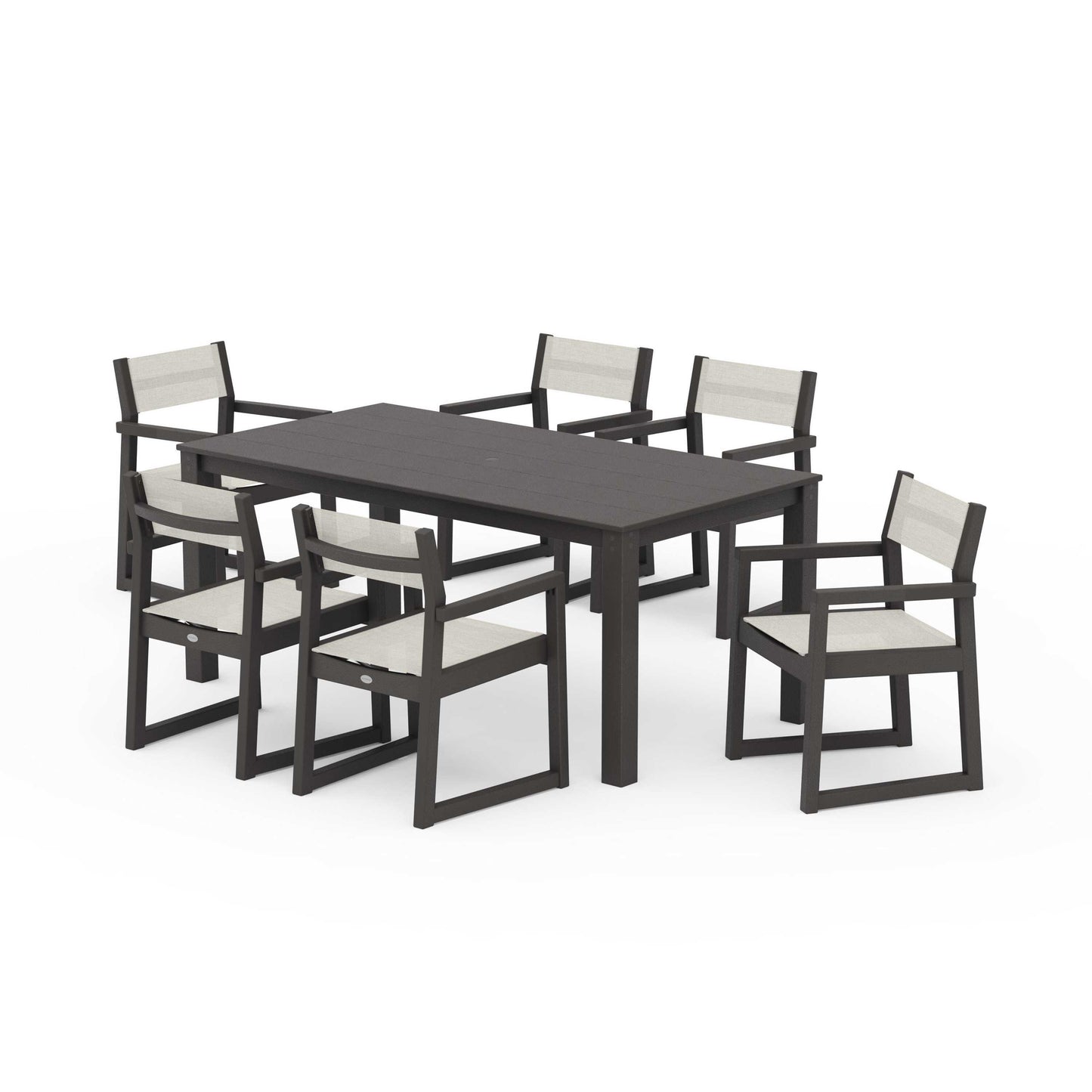 POLYWOOD EDGE Sling Arm Chair 7-Piece Parsons Dining Set — Vintage Coffee / Parchment Sling