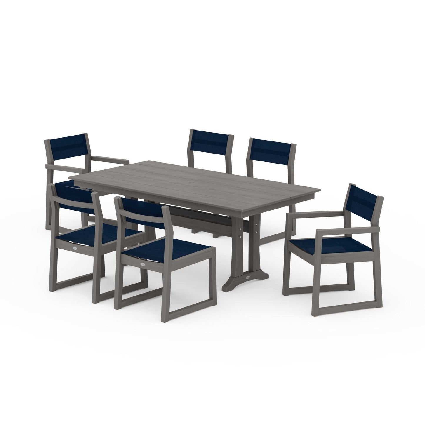 POLYWOOD EDGE Sling 7-Piece Farmhouse Trestle Dining Set — Driftwood / Navy Blue Sling