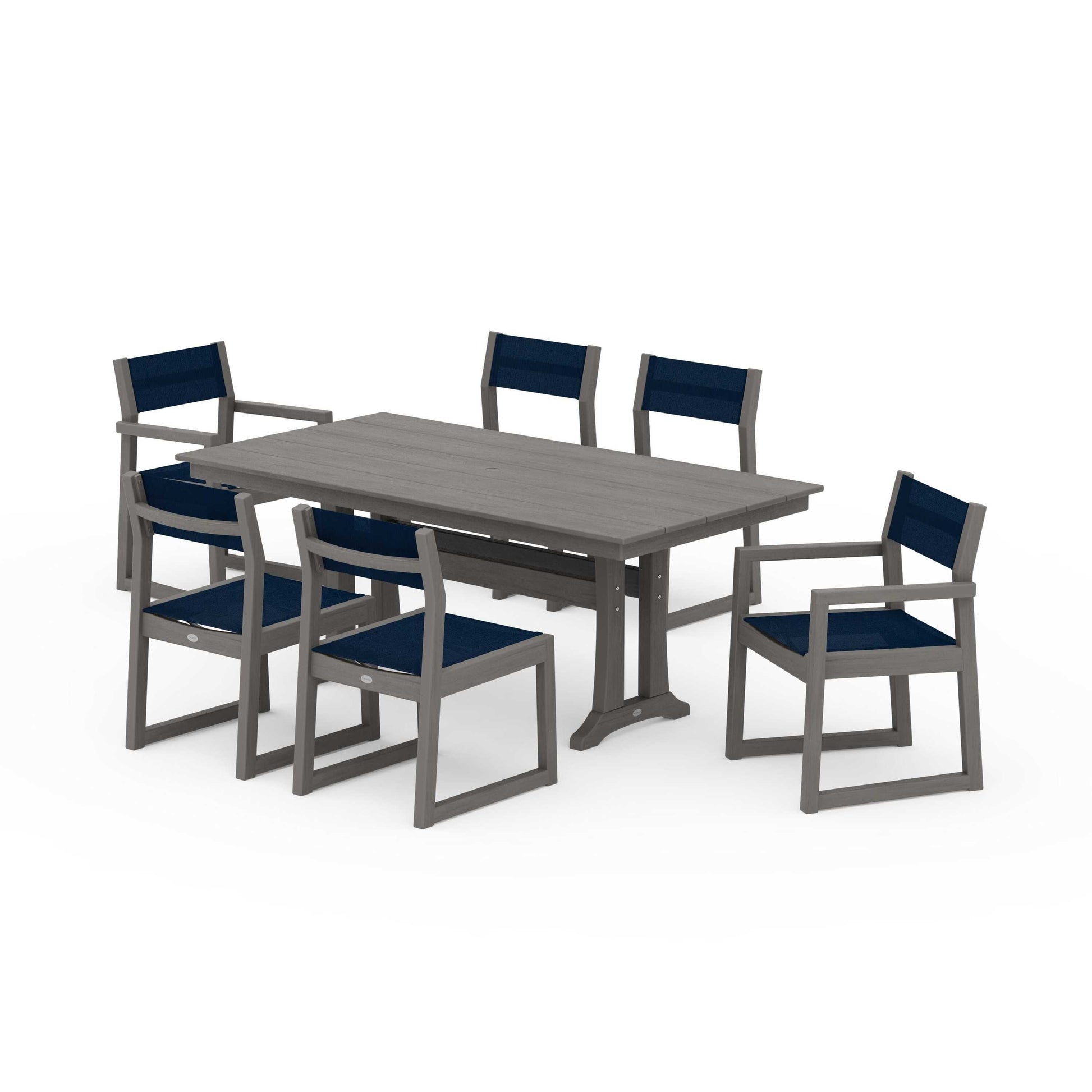 POLYWOOD EDGE Sling 7-Piece Farmhouse Trestle Dining Set — Driftwood / Navy Blue Sling