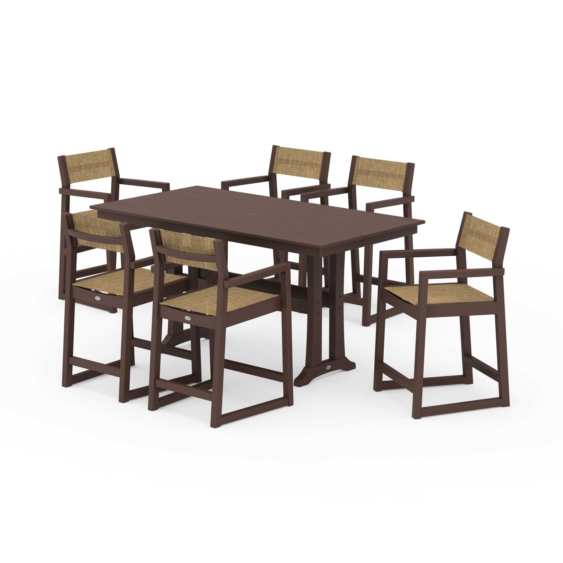 POLYWOOD EDGE Sling Arm Chair 7-Piece Farmhouse Counter Set with Trestle Legs — Mahogany / Burlap Sling