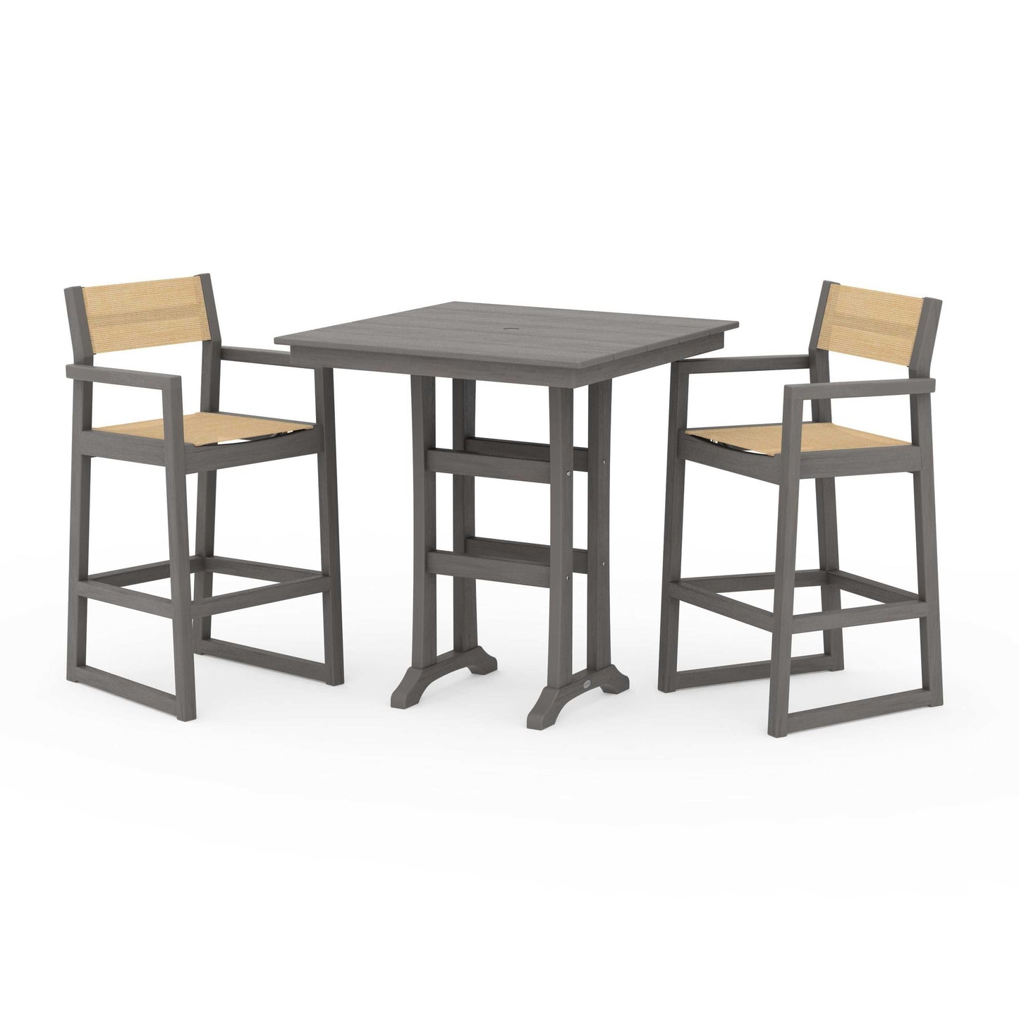 POLYWOOD EDGE Sling Arm Chair 3-Piece Farmhouse Bar Set with Trestle Legs — Driftwood / Dupioni Apricot Sling