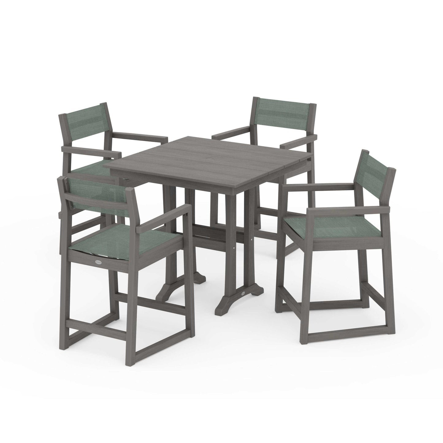 POLYWOOD EDGE Sling Arm Chair 5-Piece Farmhouse Counter Set with Trestle Legs — Driftwood / Dupioni Sea Mist Sling