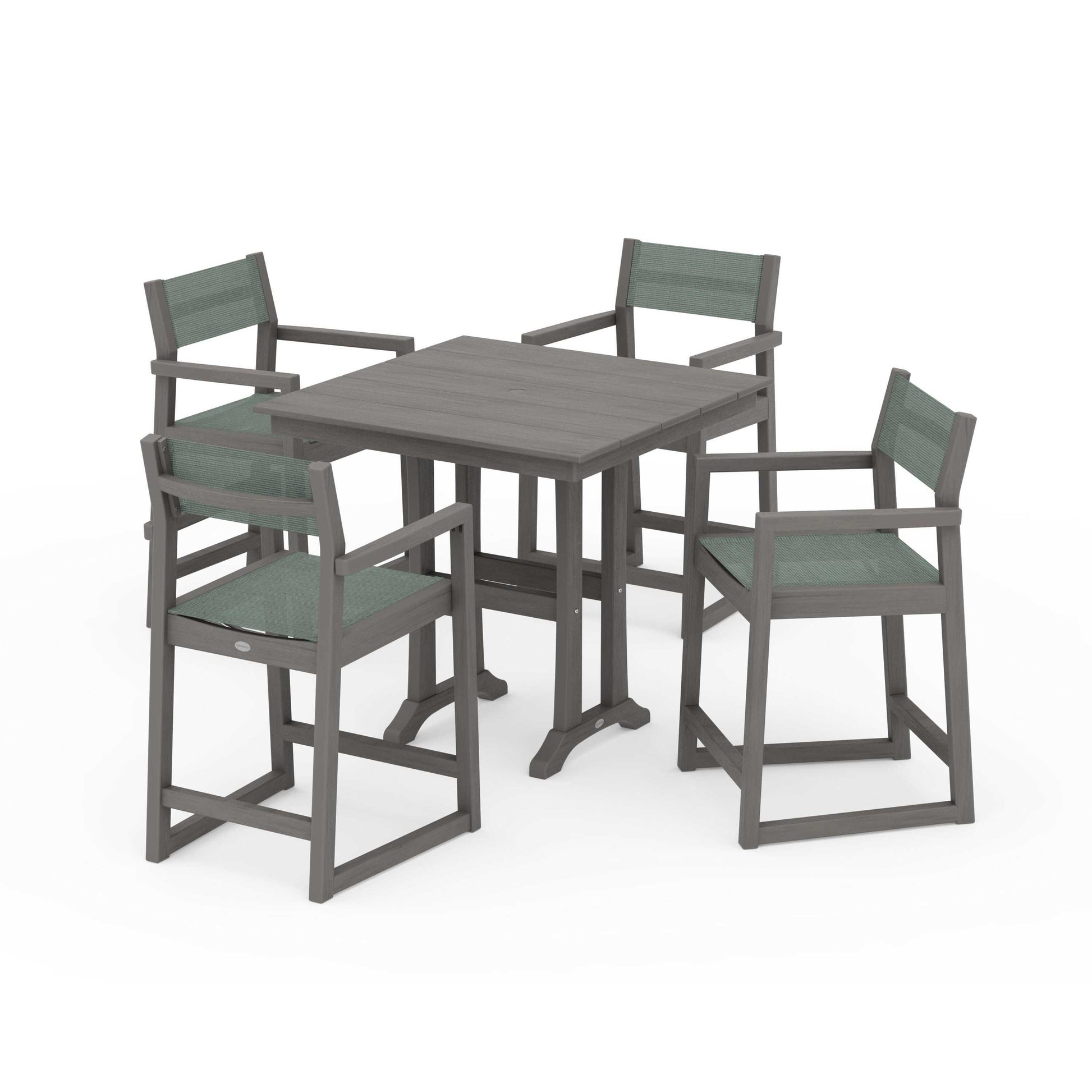 POLYWOOD EDGE Sling Arm Chair 5-Piece Farmhouse Counter Set with Trestle Legs — Driftwood / Dupioni Sea Mist Sling