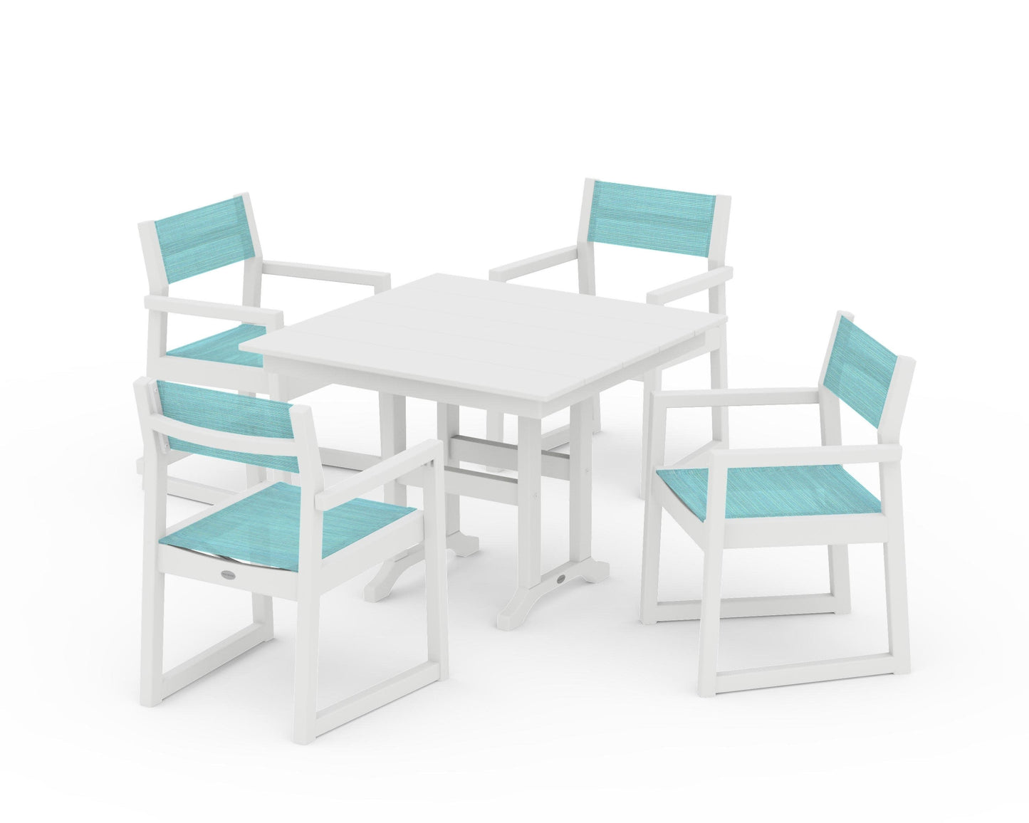 POLYWOOD EDGE Sling Arm Chair 5-Piece Farmhouse Dining Set — White / Dupioni Aquamarine Sling