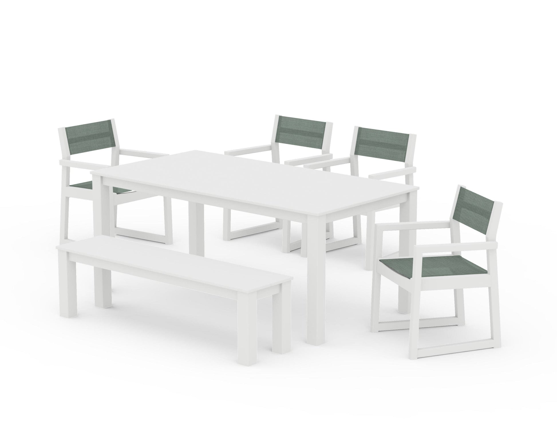 POLYWOOD EDGE Sling Arm Chair 6-Piece Parsons Dining Set with Bench — White / Dupioni Sea Mist Sling