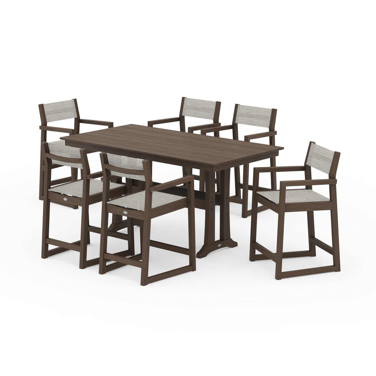 POLYWOOD EDGE Sling Arm Chair 7-Piece Farmhouse Counter Set with Trestle Legs — Kona / Birch Sling
