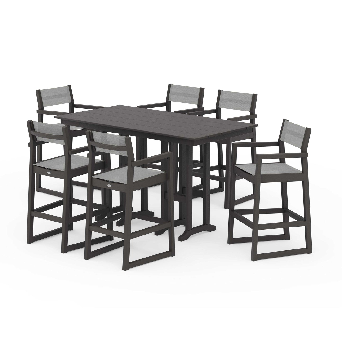 POLYWOOD EDGE Sling Arm Chair 7-Piece Farmhouse Bar Set — Vintage Coffee / Metallic Sling