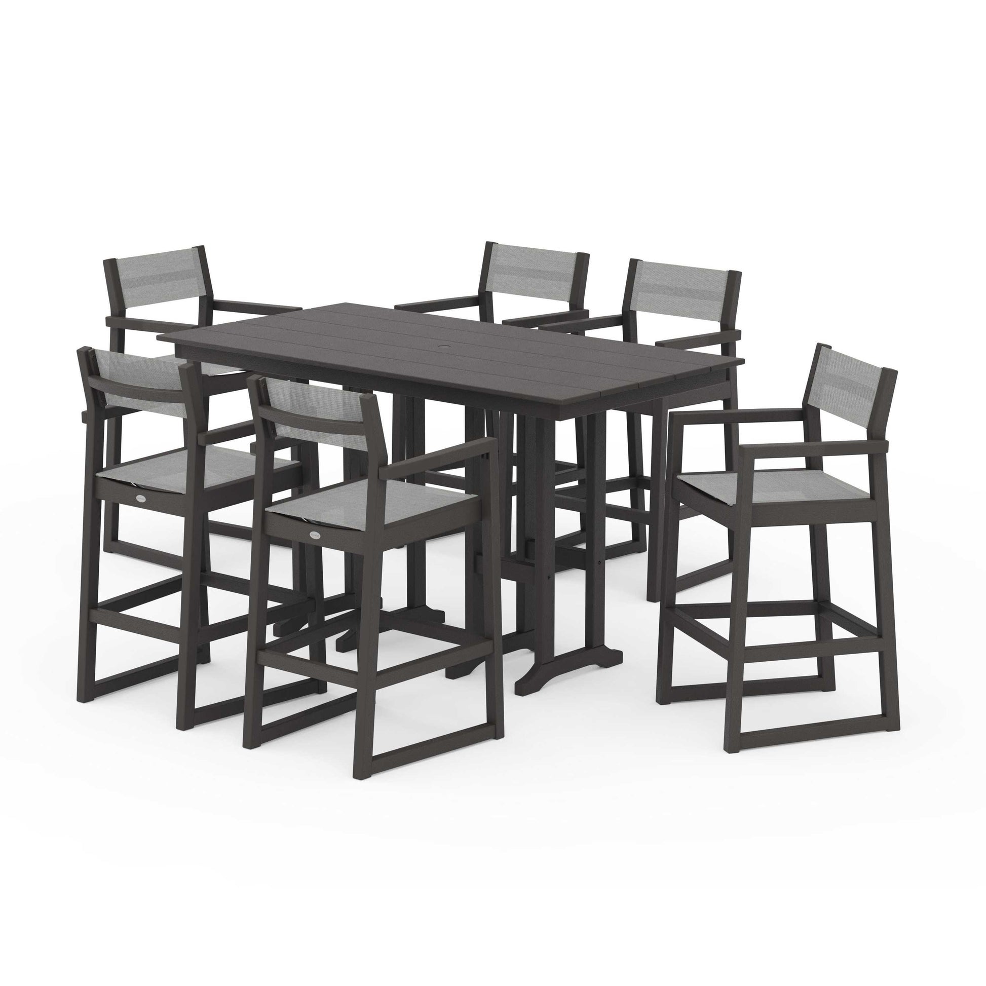 POLYWOOD EDGE Sling Arm Chair 7-Piece Farmhouse Bar Set — Vintage Coffee / Metallic Sling