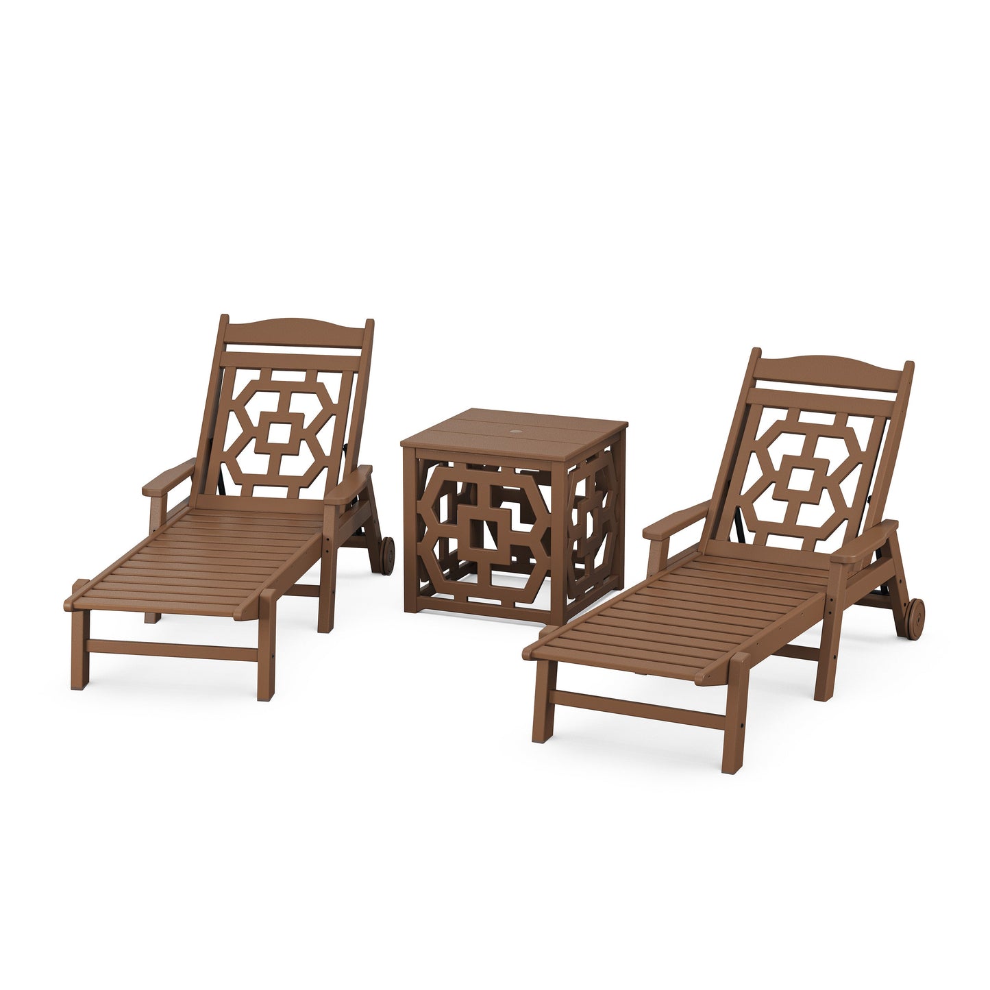 POLYWOOD Chinoiserie 3-Piece Chaise Set with Umbrella Stand Accent Table — Teak