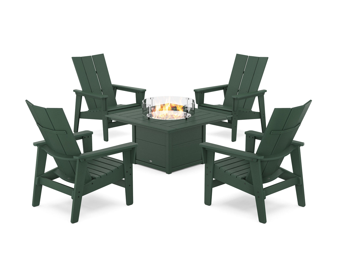 POLYWOOD 5-Piece Modern Grand Upright Adirondack Conversation Set with Fire Pit Table — Green