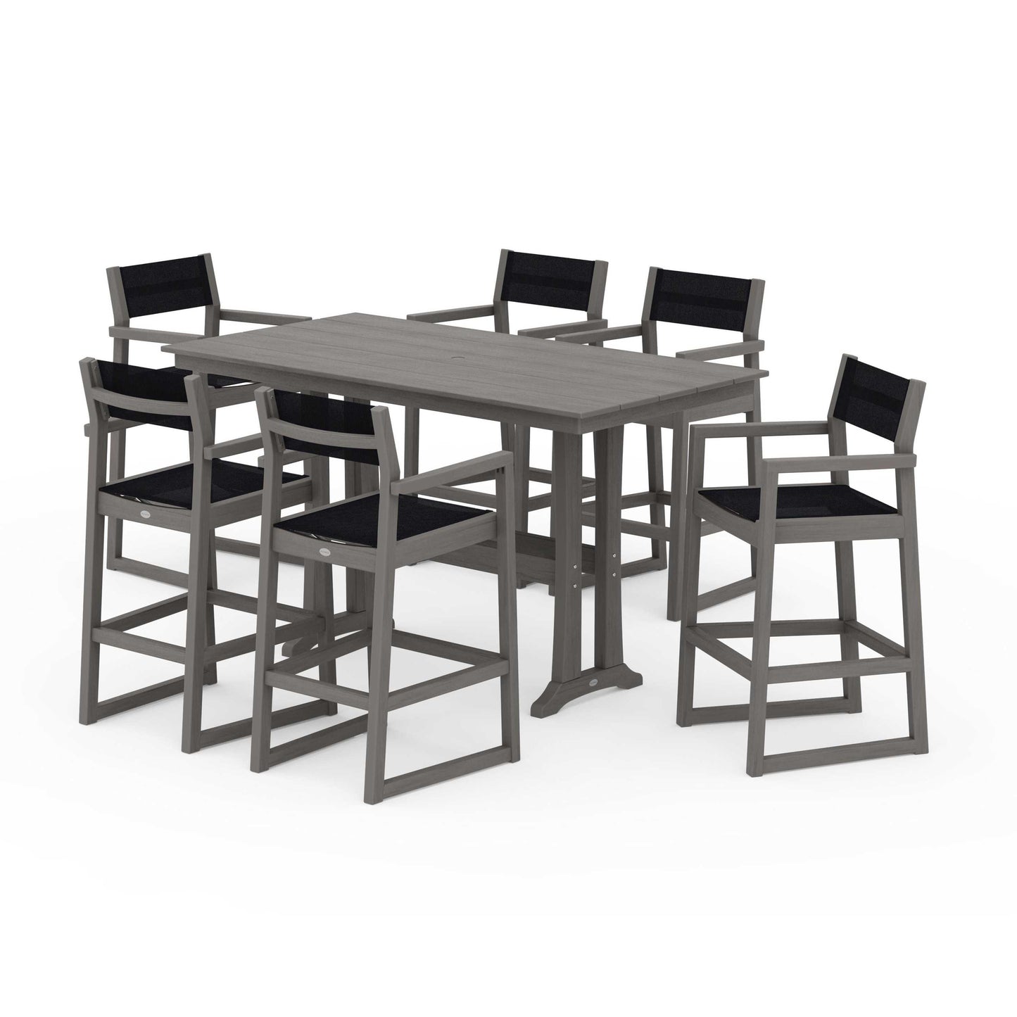 POLYWOOD EDGE Sling Arm Chair 7-Piece Farmhouse Bar Set with Trestle Legs — Driftwood / Black Sling