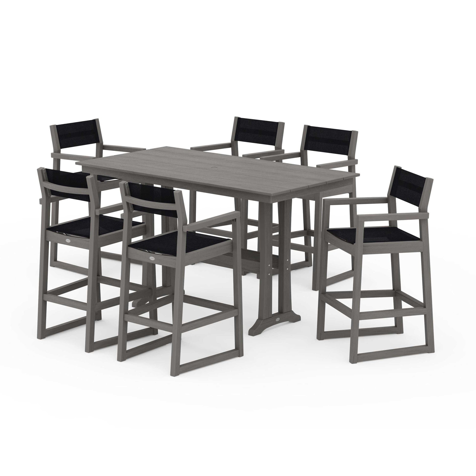 POLYWOOD EDGE Sling Arm Chair 7-Piece Farmhouse Bar Set with Trestle Legs — Driftwood / Black Sling